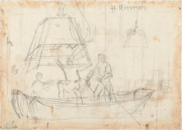 Constantin Guys, "Tre mænd i en båd, beskæftiget med at klargøre en dykkerklokke", u. å. Inv. nr. 228v WH. Fotograf Anders Sune Berg